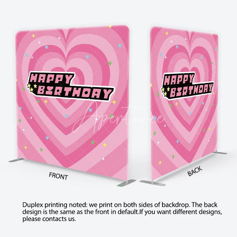 Aperturee - Aperturee Pink Heart Happy Birthday Square Double-Sided Backdrop Sweet Festive Celebration Party Decor