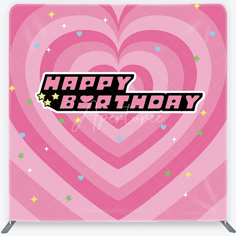 Aperturee - Aperturee Pink Heart Happy Birthday Square Double-Sided Backdrop Sweet Festive Celebration Party Decor