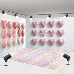 Aperturee - Aperturee Pink Hearts and Pastel Wooden Floor Room Set Backdrop Romantic Valentine’s Day Party Decor