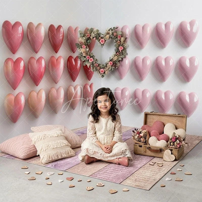 Aperturee - Aperturee Pink Hearts and Pastel Wooden Floor Room Set Backdrop Romantic Valentine’s Day Party Decor