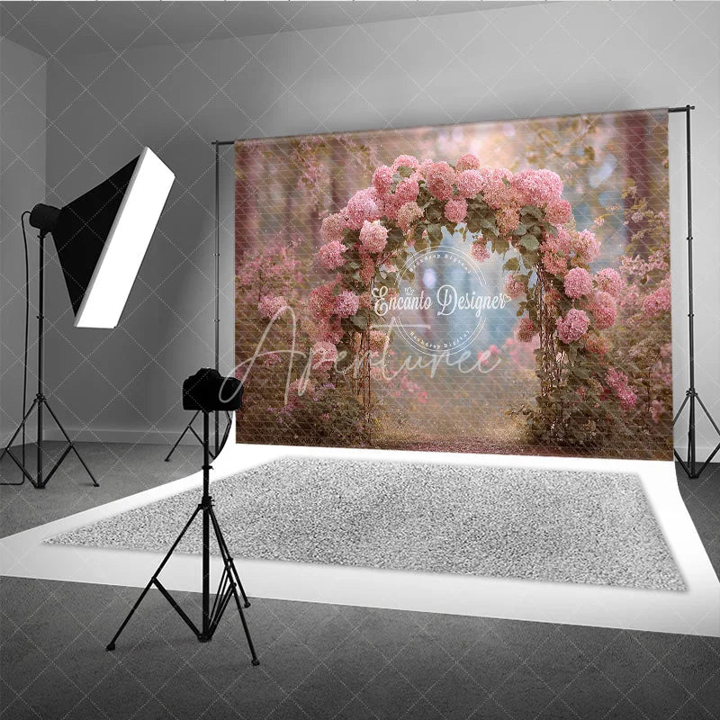 Aperturee - Aperturee Pink Hydrangea Floral Arch Backdrop Enchanted Forest Wedding Magical Garden Bridal Shower Photo Prop