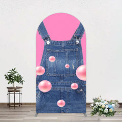 Aperturee - Aperturee Pink Jeans With Pearl Cartoon Birthday Arch Backdrop