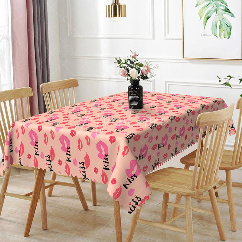 Aperturee - Aperturee Pink Kiss Lip Pattern Rectangle Tablecloth Sweet Romantic Text Design Valentine Girls Party Dining Decor