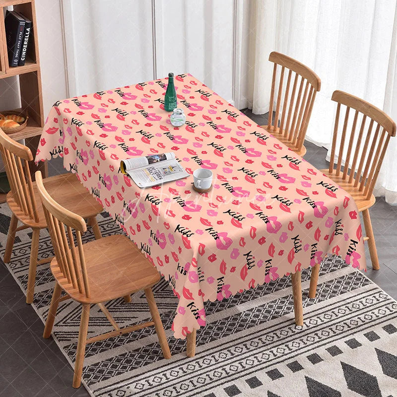 Aperturee - Aperturee Pink Kiss Lip Pattern Rectangle Tablecloth Sweet Romantic Text Design Valentine Girls Party Dining Decor