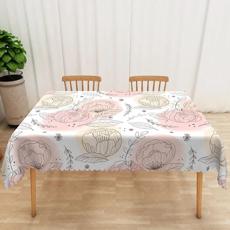 Aperturee - Aperturee Pink Lotus Flower Tablecloth on White for Zen Yoga or Serene Botanical Themed Dining Decor