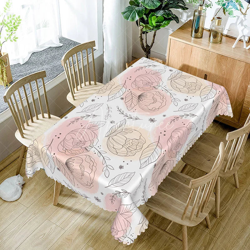 Aperturee - Aperturee Pink Lotus Flower Tablecloth on White for Zen Yoga or Serene Botanical Themed Dining Decor