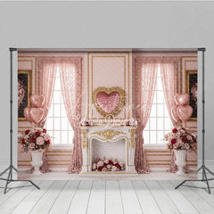 Aperturee - Aperturee Pink Luxury Interior Valentine Day Backdrop Heart Mirror Fireplace Floral Window Background Wedding Photography Studio
