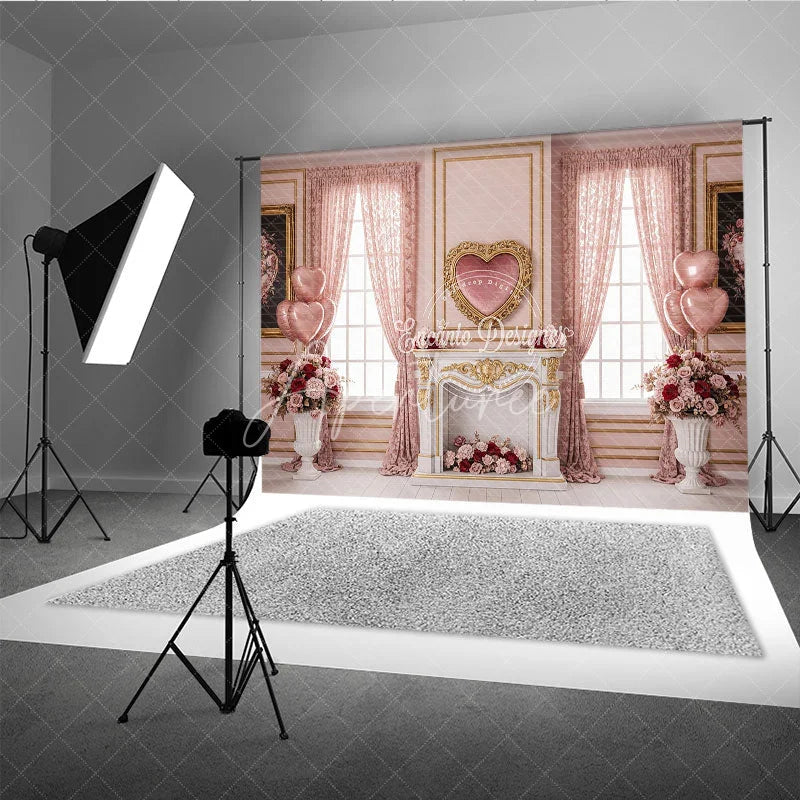 Aperturee - Aperturee Pink Luxury Interior Valentine Day Backdrop Heart Mirror Fireplace Floral Window Background Wedding Photography Studio