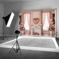 Aperturee - Aperturee Pink Luxury Interior Valentine Day Backdrop Heart Mirror Fireplace Floral Window Background Wedding Photography Studio