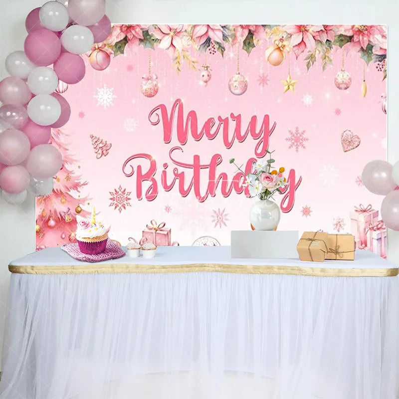 Aperturee - Aperturee Pink Merry Birthday Backdrop Christmas Tree Gingerbread Man Background for Girl Winter Xmas Birthday Party Decoration