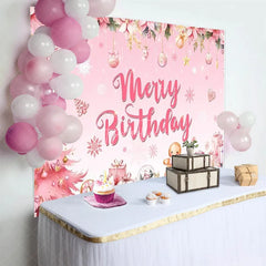 Aperturee - Aperturee Pink Merry Birthday Backdrop Christmas Tree Gingerbread Man Background for Girl Winter Xmas Birthday Party Decoration