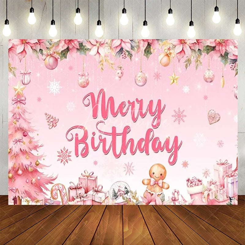Aperturee - Aperturee Pink Merry Birthday Backdrop Christmas Tree Gingerbread Man Background for Girl Winter Xmas Birthday Party Decoration