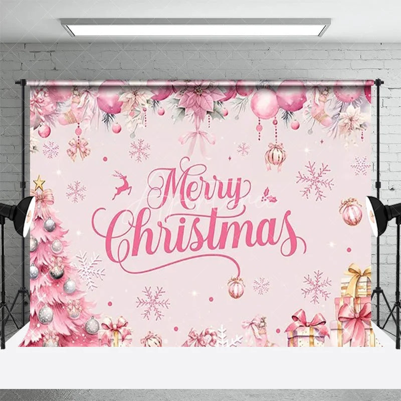 Aperturee - Aperturee Pink Merry Christmas Backdrop Winter Xmas Tree Gift Box Background for Party Poinsettia Snowflake Photo Booth Prop