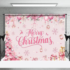 Aperturee - Aperturee Pink Merry Christmas Backdrop Winter Xmas Tree Gift Box Background for Party Poinsettia Snowflake Photo Booth Prop