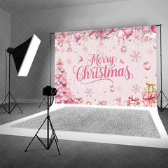 Aperturee - Aperturee Pink Merry Christmas Backdrop Winter Xmas Tree Gift Box Background for Party Poinsettia Snowflake Photo Booth Prop