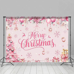 Aperturee - Aperturee Pink Merry Christmas Backdrop Winter Xmas Tree Gift Box Background for Party Poinsettia Snowflake Photo Booth Prop