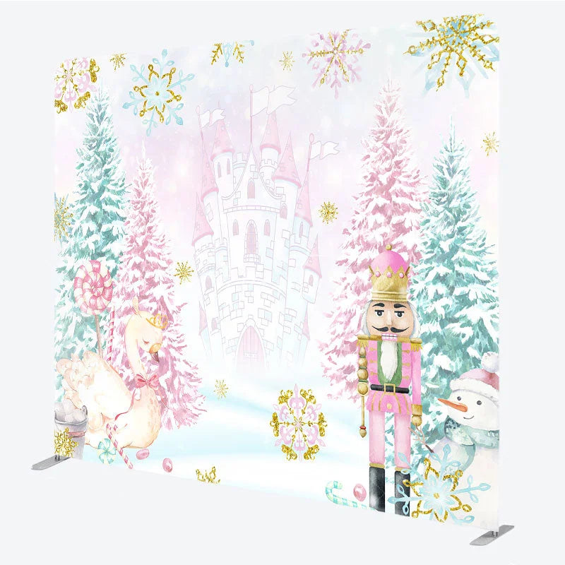 Aperturee - Aperturee Pink Nutcracker Tension Fabric Backdrop Winter Castle Swan Decoration Christmas Ballet Background