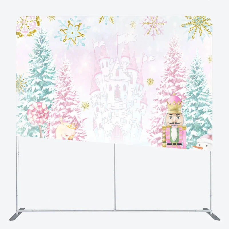 Aperturee - Aperturee Pink Nutcracker Tension Fabric Backdrop Winter Castle Swan Decoration Christmas Ballet Background