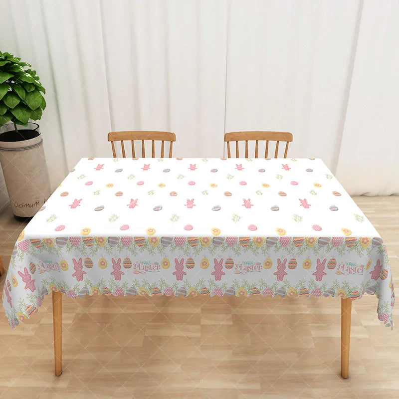 Aperturee - Aperturee Pink Pastel Easter Pattern Rectangle Tablecloth Cute Bunny Cookie Egg Table Cover Spring Kids Party Decor