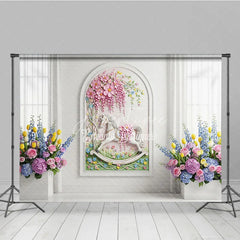 Aperturee - Aperturee Pink Pastel Floral Arch White Wall Photography Backdrop Whimsical Garden Wedding Party Party Decor