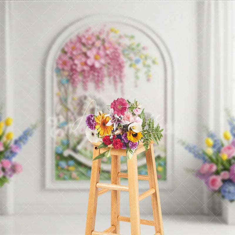 Aperturee - Aperturee Pink Pastel Floral Arch White Wall Photography Backdrop Whimsical Garden Wedding Party Party Decor