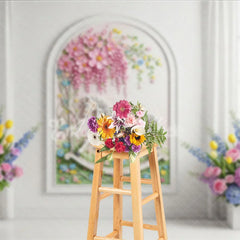 Aperturee - Aperturee Pink Pastel Floral Arch White Wall Photography Backdrop Whimsical Garden Wedding Party Party Decor