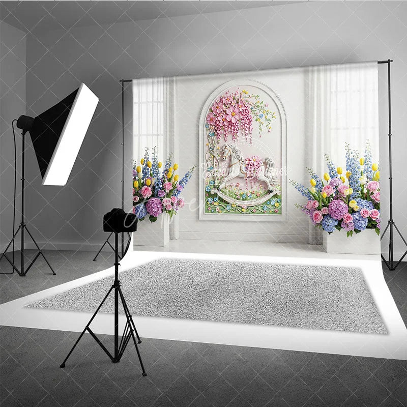 Aperturee - Aperturee Pink Pastel Floral Arch White Wall Photography Backdrop Whimsical Garden Wedding Party Party Decor