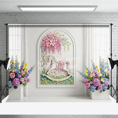 Aperturee - Aperturee Pink Pastel Floral Arch White Wall Photography Backdrop Whimsical Garden Wedding Party Party Decor
