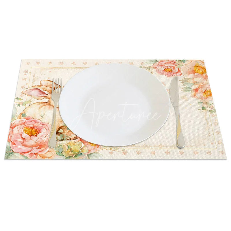 Aperturee - Aperturee Pink Peony Easter Bunny Set of 4 Placemats Star Pattern Rabbit Spring Table Mats for Party