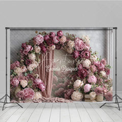 Aperturee - Aperturee Pink Peony Floral Arch Photography Backdrop Elegant Wedding or Bridal Shower Pink Curtain Photo Background