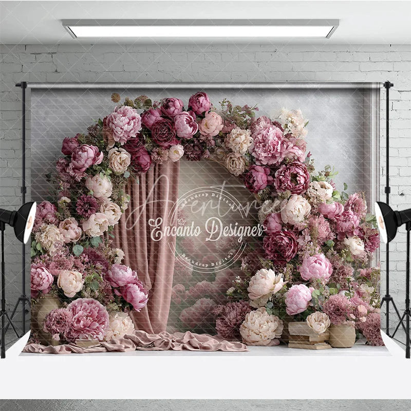 Aperturee - Aperturee Pink Peony Floral Arch Photography Backdrop Elegant Wedding or Bridal Shower Pink Curtain Photo Background