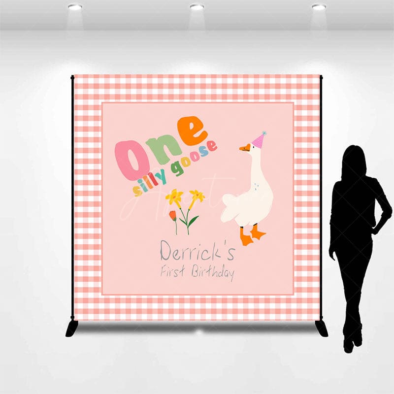 Aperturee - Aperturee Pink Plaid One Silly Goose Custom Birthday Backdrop