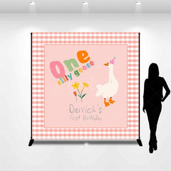 Aperturee - Aperturee Pink Plaid One Silly Goose Custom Birthday Backdrop