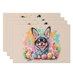 Aperturee - Aperturee Pink Polka Dot Dog Set of 4 Placemats Chihuahua with Easter Eggs Cute Puppy Table Mats Decor
