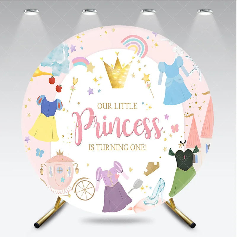 Aperturee - Aperturee Pink Princess 1st Birthday Round Backdrop Fairytale Castle Carriage Prop