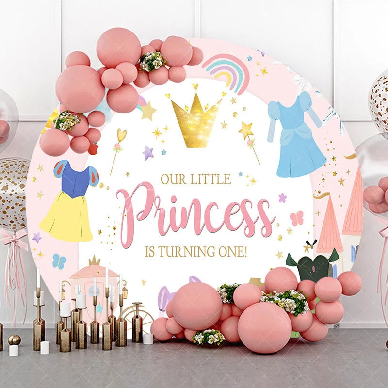 Aperturee - Aperturee Pink Princess 1st Birthday Round Backdrop Fairytale Castle Carriage Prop