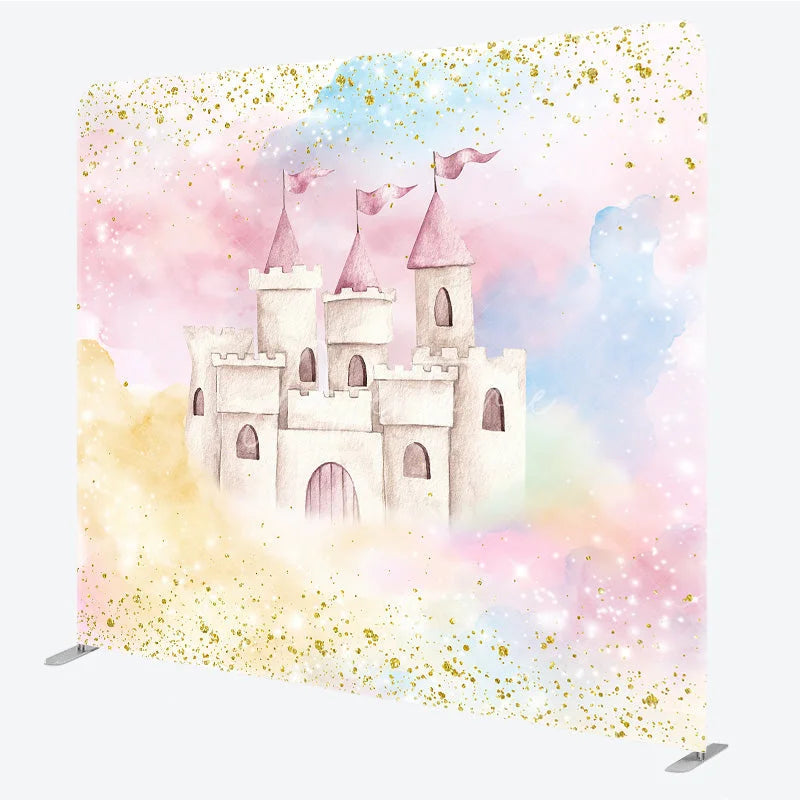 Aperturee - Aperturee Pink Princess Castle Tension Fabric Backdrop Gold Glitter Pastel Clouds Decor Fairytale Theme Background for Birthday