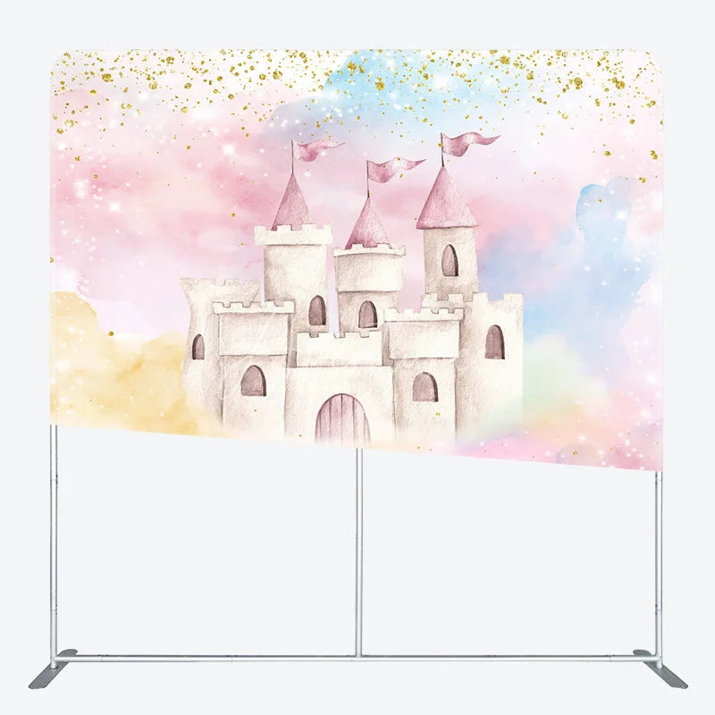 Aperturee - Aperturee Pink Princess Castle Tension Fabric Backdrop Gold Glitter Pastel Clouds Decor Fairytale Theme Background for Birthday