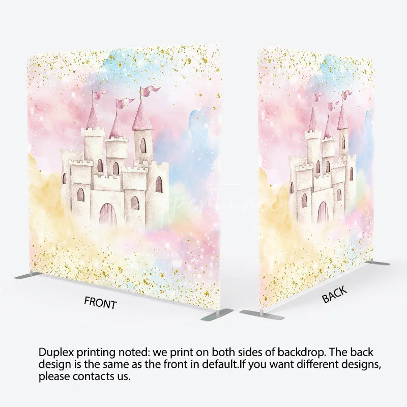 Aperturee - Aperturee Pink Princess Castle Tension Fabric Backdrop Gold Glitter Pastel Clouds Decor Fairytale Theme Background for Birthday