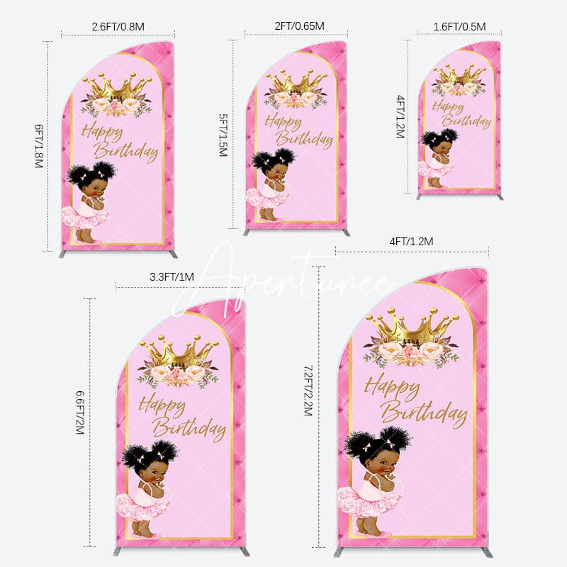 Aperturee - Aperturee Pink Princess Crown Floral Birthday Half Moon Arch Backdrop