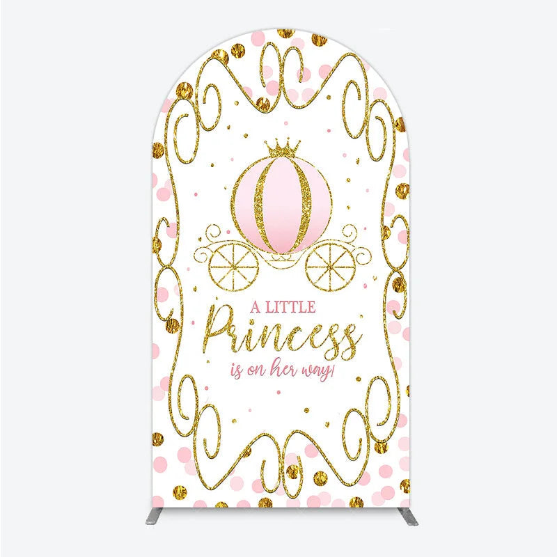Aperturee - Aperturee Pink Pumpkin Carriage Baby Shower Arch Backdrop Little Princess Party Decoration Royal Gold Glitter Background