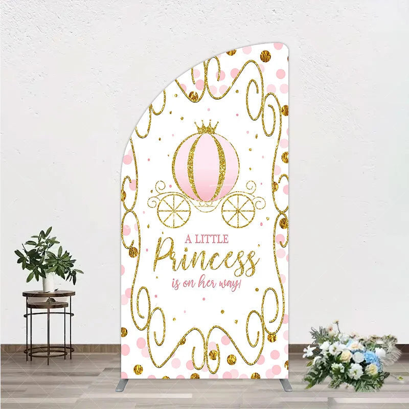 Aperturee - Aperturee Pink Pumpkin Carriage Baby Shower Half Moon Arch Backdrop Little Princess Party Decoration Royal Gold Glitter