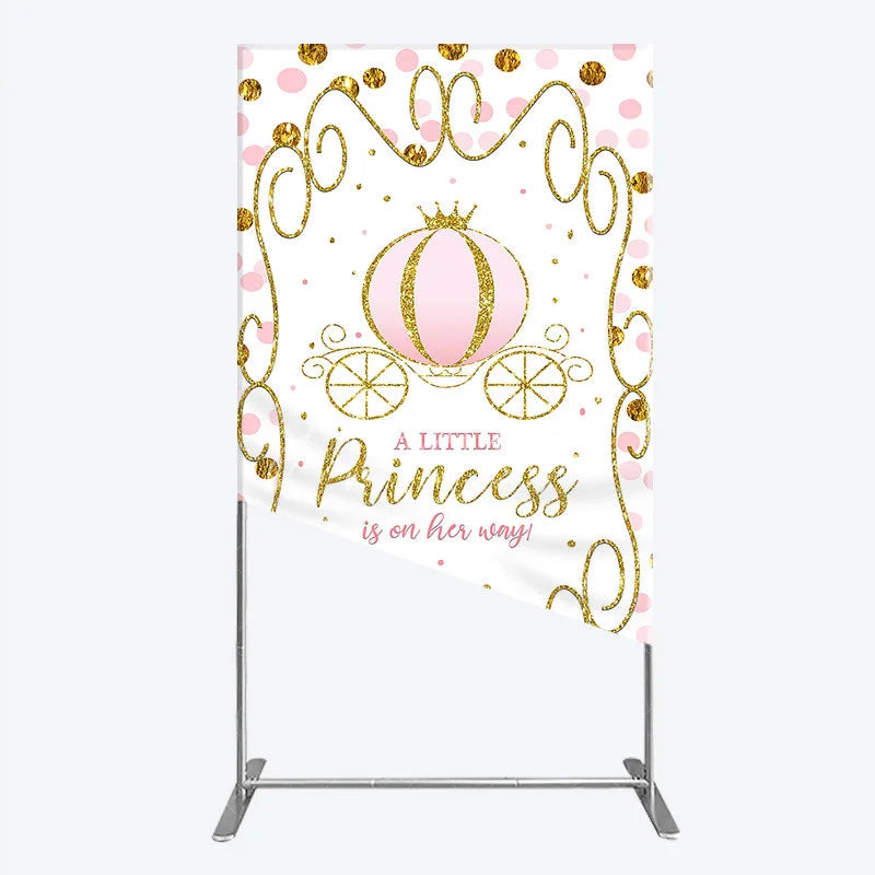 Aperturee - Aperturee Pink Pumpkin Carriage Baby Shower Rectangle Backdrop Little Princess Party Decoration Royal Gold Glitter Background