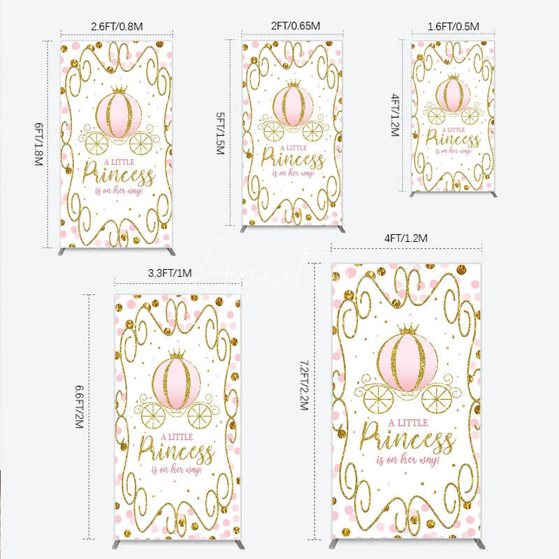 Aperturee - Aperturee Pink Pumpkin Carriage Baby Shower Rectangle Backdrop Little Princess Party Decoration Royal Gold Glitter Background