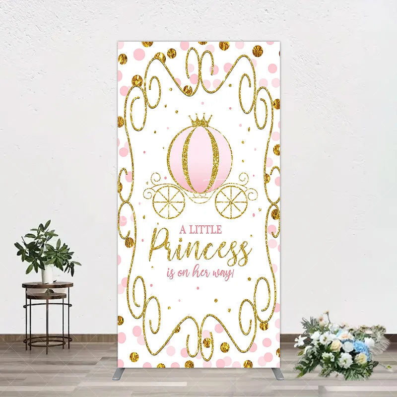 Aperturee - Aperturee Pink Pumpkin Carriage Baby Shower Rectangle Backdrop Little Princess Party Decoration Royal Gold Glitter Background