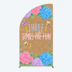 Aperturee - Aperturee Pink Purple Blue Hydrangea Half Moon Arch Backdrop with Three Times The Fun Text Butterfly and Bees for Birthday Party