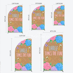 Aperturee - Aperturee Pink Purple Blue Hydrangea Half Moon Arch Backdrop with Three Times The Fun Text Butterfly and Bees for Birthday Party