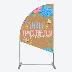 Aperturee - Aperturee Pink Purple Blue Hydrangea Half Moon Arch Backdrop with Three Times The Fun Text Butterfly and Bees for Birthday Party