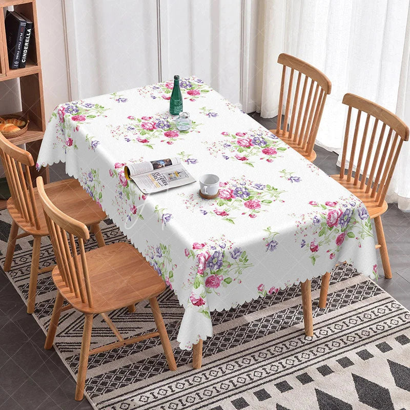 Aperturee - Aperturee Pink Purple Rose Clusters Rectangle Tablecloth Romantic Floral White Background Elegant Dining Table Cover Wedding