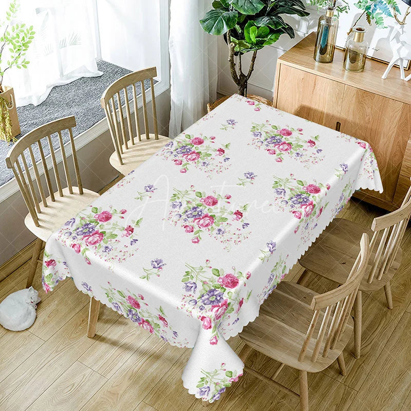 Aperturee - Aperturee Pink Purple Rose Clusters Rectangle Tablecloth Romantic Floral White Background Elegant Dining Table Cover Wedding